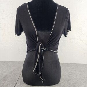 Brit & Bri Medium | Black Contrast Stitch Front Tie Crop Top Y2K Grunge Womens